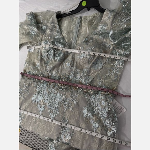 NEW $698 Mac‎ Duggal [ 20 ] Sleeve Flutter Floral Embellished Gown Seafoam - Picture 3 of 15